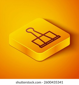 Isometric line Binder clip icon isolated on orange background. Paper clip. Yellow square button. Vector Illustration