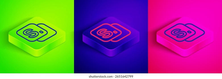 Linha isométrica ícone do Bingo isolado no fundo verde, azul e rosa. Bilhetes de loteria para o jogo de bingo americano. Botão quadrado. Vetor