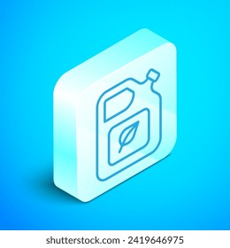 Isometric line Bio fuel canister icon isolated on blue background. Eco bio and barrel. Green environment and recycle. Silver square button. Vector