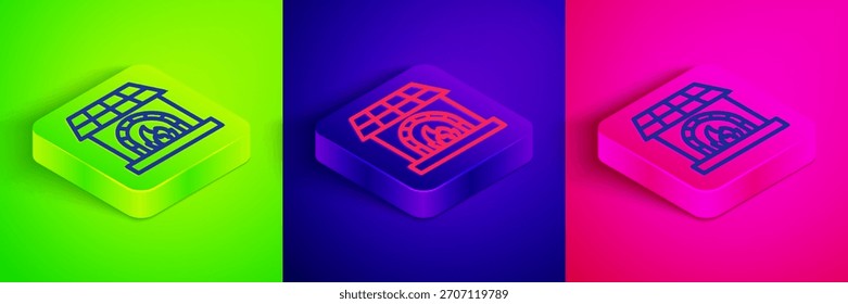 Icono de horno de herrería de línea isométrica aislado sobre fondo verde, azul y rosa. Botón cuadrado. Vector
