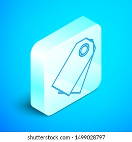 Isometric line Blank label template price tag icon isolated on blue background. Empty shopping discount sticker. Template discount banner. Silver square button. Vector Illustration