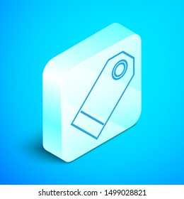 Isometric line Blank label template price tag icon isolated on blue background. Empty shopping discount sticker. Template discount banner. Silver square button. Vector Illustration