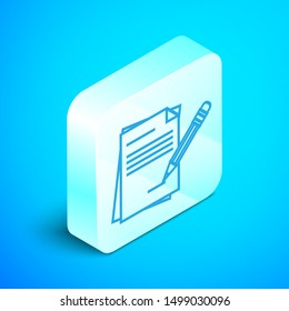 Isometric line Blank notebook and pencil with eraser icon isolated on blue background. Paper and pencil. Silver square button. Vector Illustration