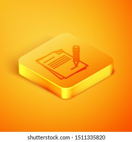 Isometric line Blank notebook and pencil with eraser icon isolated on orange background. Paper and pencil. Orange square button. Vector Illustration