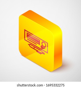 Isometrische Linie Leere Vorlage des Bankschecks und Stift Symbol einzeln auf grauem Hintergrund. Checkbook-Checkseite mit leeren Feldern zum Ausfüllen. Gelber Quadrat-Knopf. Vektorillustration-Illustration