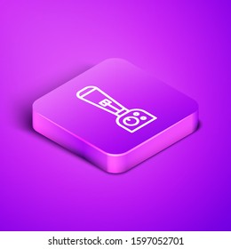 Isometric line Blender icon isolated on purple background. Kitchen electric stationary blender with bowl. Cooking smoothies, cocktail or juice. Purple square button. Vector Illustration