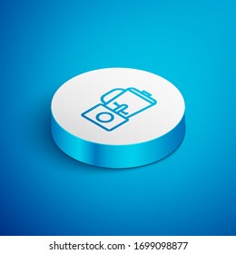 Isometric line Blender icon isolated on blue background. Kitchen electric stationary blender with bowl. Cooking smoothies, cocktail or juice. White circle button. Vector Illustration