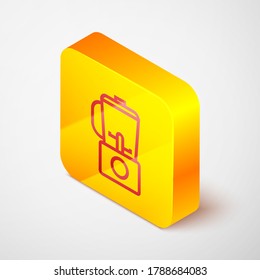 Isometrische Linie Mixer Symbol einzeln auf grauem Hintergrund. Elektrische Kochnische stationäre Mixer mit Schüssel. Kochen, Smoothies, Cocktail oder Saft. Gelber Quadrat-Knopf. Vektorgrafik