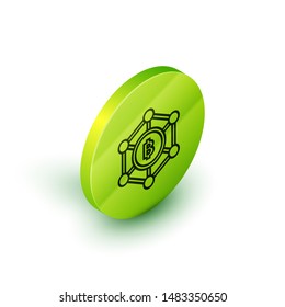 Isometric line Blockchain technology Bitcoin icon isolated on white background. Abstract geometric block chain network technology business. Green circle button. Vector Illustration