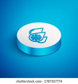 Línea isométrica Prueba de sangre e icono del virus de la molécula del coronavirus aislados en el fondo azul. Coronavirus, COVID-19. 2019-nCoV. Botón Círculo blanco. Vector.