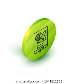 Isometric line Board with graph chart icon isolated on white background. Report text file icon. Accounting sign. Audit, analysis, planning. Green circle button. Vector Illustration