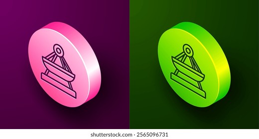 Isometric line Boat swing icon isolated on purple and green background. Childrens entertainment playground. Attraction riding ship, swinging boat. Amusement park. Circle button. Vector