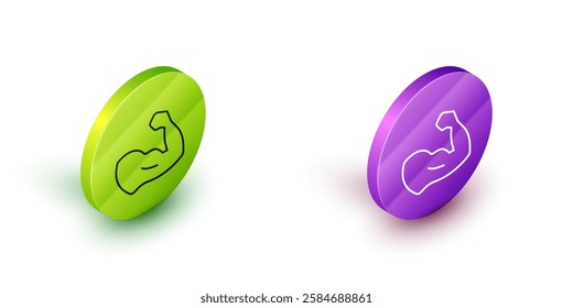 Isometric line Bodybuilder showing his muscles icon isolated on white background. Fit fitness strength health hobby concept. Green and purple circle buttons. Vector