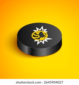 Línea isométrica Icono explosivo de peligro de guerra del planeta tierra de la bomba aislado en fondo amarillo. Botón de círculo negro. Vector