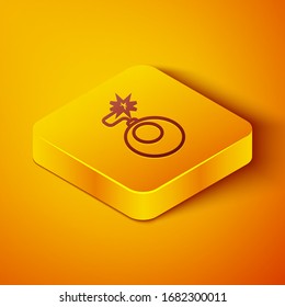 Isometrische Linienbombe bereit, um eine Ikone zu explodieren, einzeln auf orangefarbenem Hintergrund. Gelber Quadrat-Knopf. Vektorillustration-Illustration