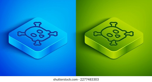 Isometric line Bones and skull as a sign of toxicity warning icon isolated on blue and green background. Square button. Vector