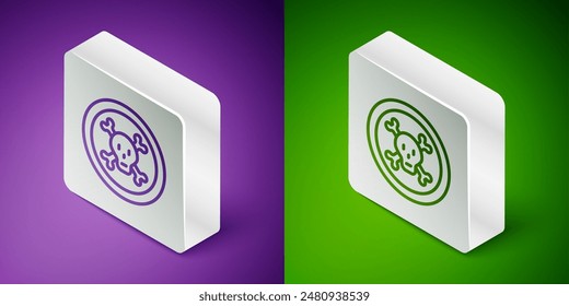 Isometric line Bones and skull as a sign of toxicity warning icon isolated on purple and green background. Silver square button. Vector