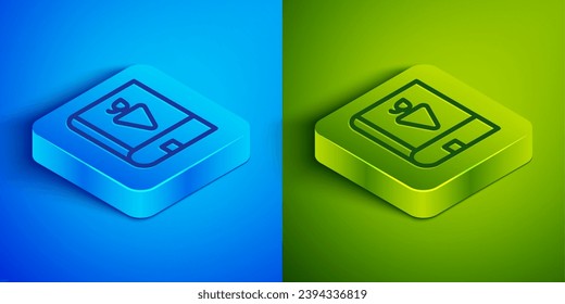 Isometric line Book about grapes icon isolated on blue and green background. Square button. Vector