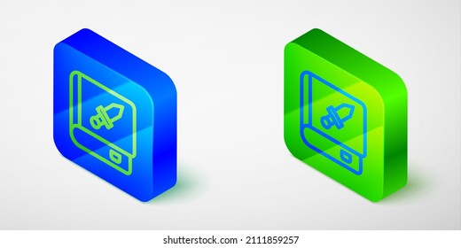 Línea isométrica Libro sobre el icono de arma fondo gris aislado. Un pequeño arma de fuego. Catálogo de armas. Botón cuadrado azul y verde. Vector