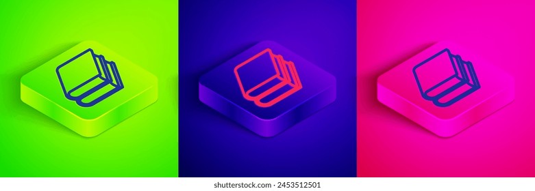 Isometric line Book icon isolated on green, blue and pink background. Square button. Vector