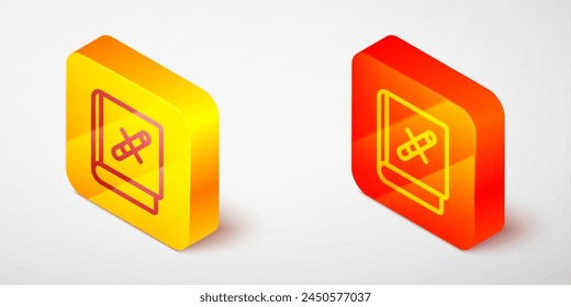 Libro de línea isométrica con el icono del cigarrillo de parada aislado en el fondo gris. Libro sobre los peligros de fumar. Botón cuadrado amarillo y naranja. Vector