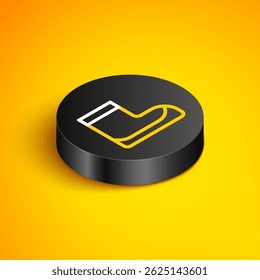 Isometric line Boots icon isolated on yellow background. Diving underwater equipment. Black circle button. Vector