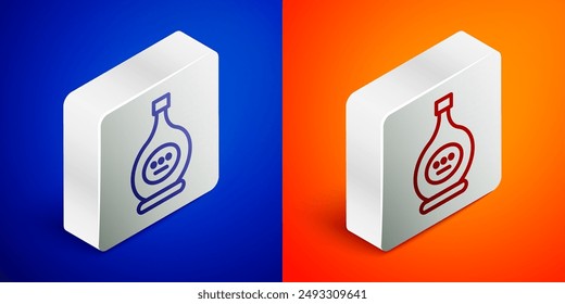Isometric line Bottle of cognac or brandy icon isolated on blue and orange background. Silver square button. Vector Illustration