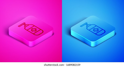 Isometric line Bottle of liquid antibacterial soap with dispenser icon isolated on pink and blue background. Antiseptic. Disinfection, hygiene, skin care. Square button. Vector Illustration