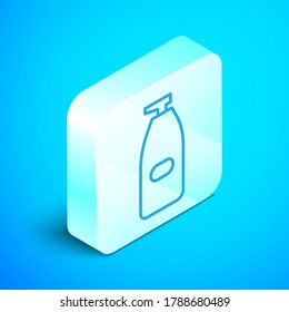 Isometric line Bottle of liquid antibacterial soap with dispenser icon isolated on blue background. Antiseptic. Disinfection, hygiene, skin care. Silver square button. Vector Illustration