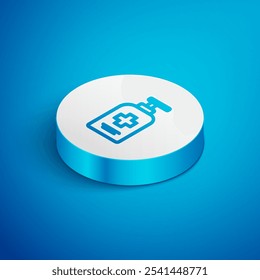 Linha isométrica Garrafa de sabão antibacteriano líquido com ícone de dispensador isolado no fundo azul. Antisséptico. Desinfecção, higiene, cuidados com a pele. Botão de círculo branco. Vetor