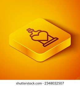 Isometric line Bottle with love potion icon isolated on orange background. Valentines day symbol. Yellow square button. Vector