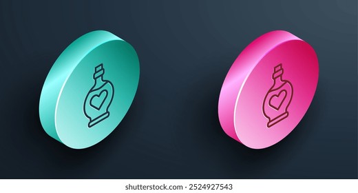 Isometric line Bottle with love potion icon isolated on black background. Valentines day symbol. Turquoise and pink circle button. Vector