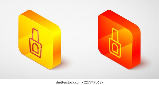 Isometric line Bottle of nail polish icon isolated on grey background. Yellow and orange square button. Vector