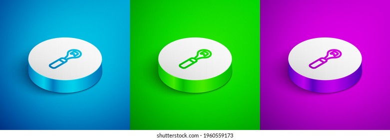 Isometric line Bottle opener icon isolated on blue,green and purple background. White circle button. Vector