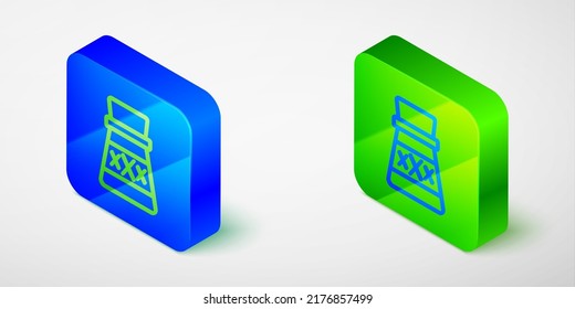 Línea isométrica Botella con icono de poción fondo gris aislado. Enarbolar con poción mágica. Feliz fiesta de Halloween. Botón cuadrado azul y verde. Vector