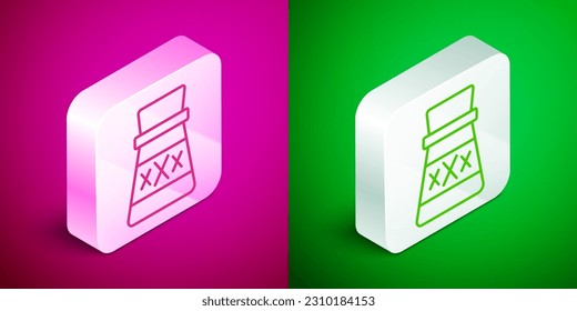 Línea isométrica Botella con icono de poción aislada en fondo rosa y verde. Enarbolar con poción mágica. Feliz fiesta de Halloween. Botón cuadrado plateado. Vector