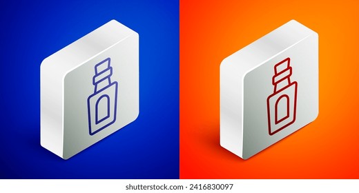 Línea isométrica Botella con icono de poción aislada en fondo azul y naranja. Enarbolar con poción mágica. Feliz fiesta de Halloween. Botón cuadrado plateado. Vector