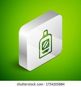 Isometric line Bottle of shampoo icon isolated on green background. Silver square button. Vector Illustration