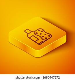 Línea isométrica Botella de shampoo e icono de esponja aislada en el fondo naranja. Botón cuadrado amarillo. Ilustración vectorial