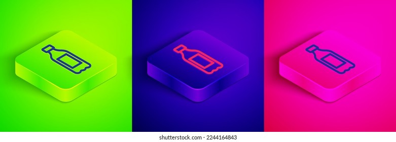 Isometric line Bottle of water icon isolated on green, blue and pink background. Soda aqua drink sign. Square button. Vector