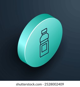 Línea isométrica Botella de icono de agua aislada sobre fondo negro. Signo de bebida de agua de soda. Botón de círculo turquesa. Vector