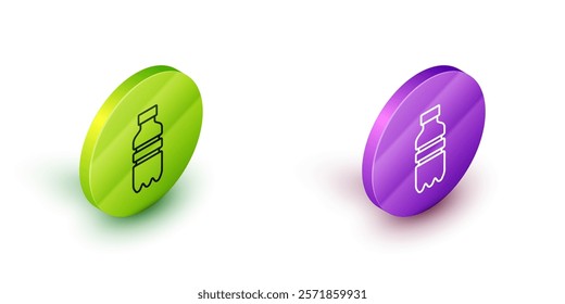 Isometric line Bottle of water icon isolated on white background. Soda aqua drink sign. Green and purple circle buttons. Vector