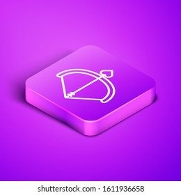 Isometric line Bow and arrow icon isolated on purple background. Cupid symbol. Love sign. Valentines day concept. Purple square button. Vector Illustration