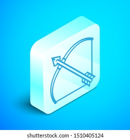 Isometric line Bow and arrow in quiver icon isolated on blue background. Silver square button. Vector Illustration