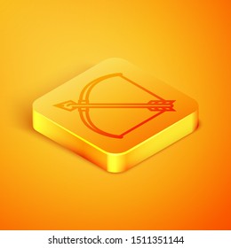 Isometric line Bow and arrow in quiver icon isolated on orange background. Orange square button. Vector Illustration