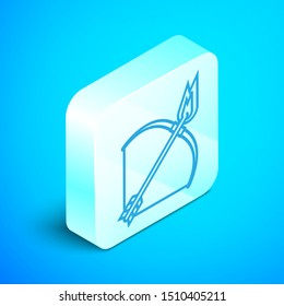 Isometric line Bow and fire arrow icon isolated on blue background. Silver square button. Vector Illustration