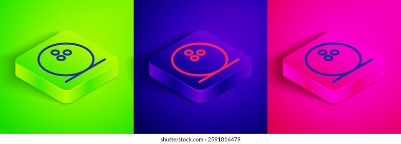 Isometric line Bowling ball icon isolated on green, blue and pink background. Sport equipment. Square button. Vector