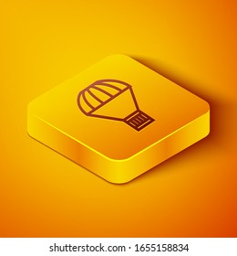 Isometric line Box flying on parachute icon isolated on orange background. Parcel with parachute for shipping. Delivery service, air shipping. Yellow square button. Vector Illustration