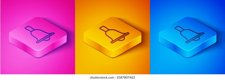 Isometric line Boxing bell icon isolated on pink and orange, blue background. Square button. Vector
