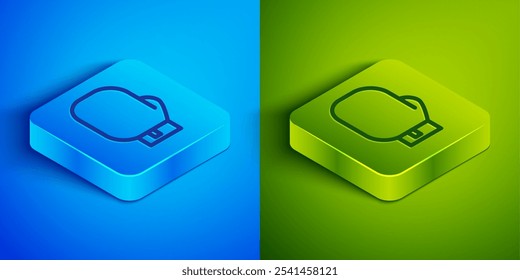 Linha isométrica Ícone luva de boxe isolado no fundo azul e verde. Botão quadrado. Ilustração de vetor